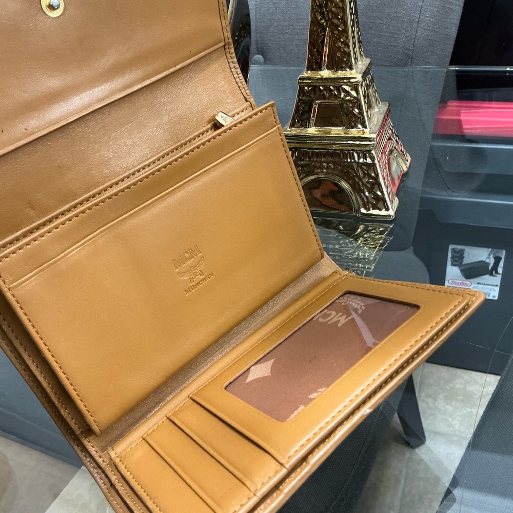 MCM Cognac Leather Trifold Wallet with Black and Coral Accent - Picture 5 of 5